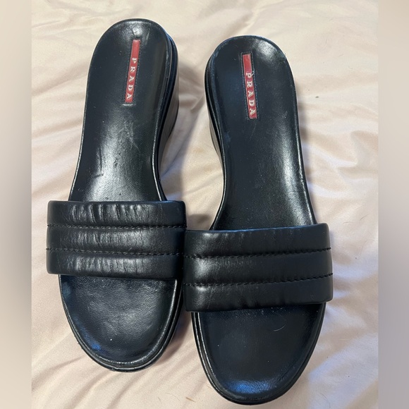 Vintage 90s Prada Black Napa Leather Easy Slide Platform Sandal SZ 38 - Picture 1 of 9